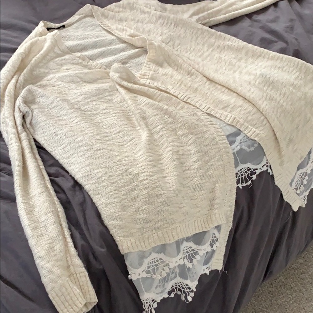 L/XL cream knit cardigan with lace/crochet trim